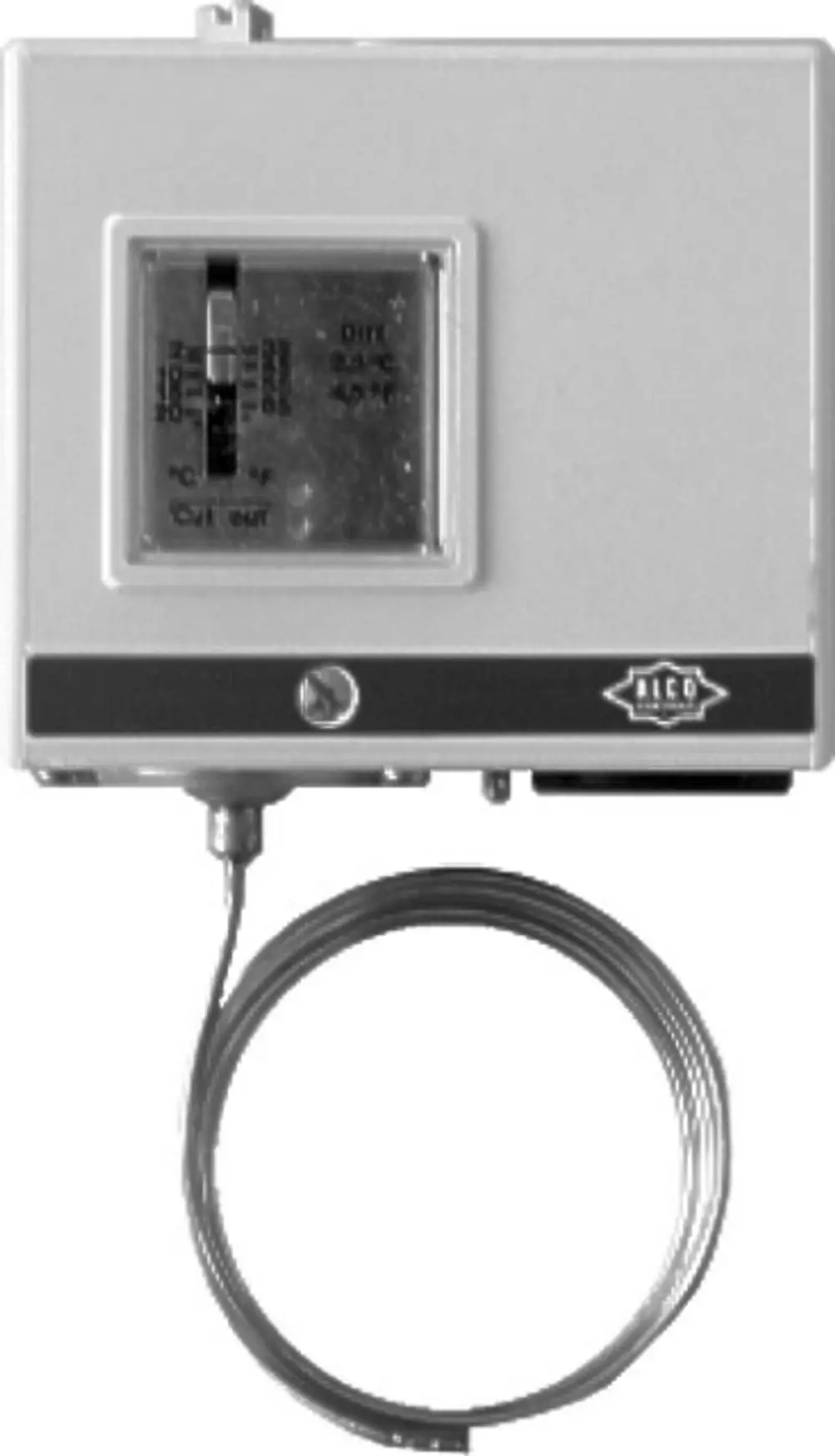 Frostschutzthermostat in grauer Ausführung mit einem analogen Display und einem Sensorkabel, entwickelt von Wolf zur Temperaturregelung.